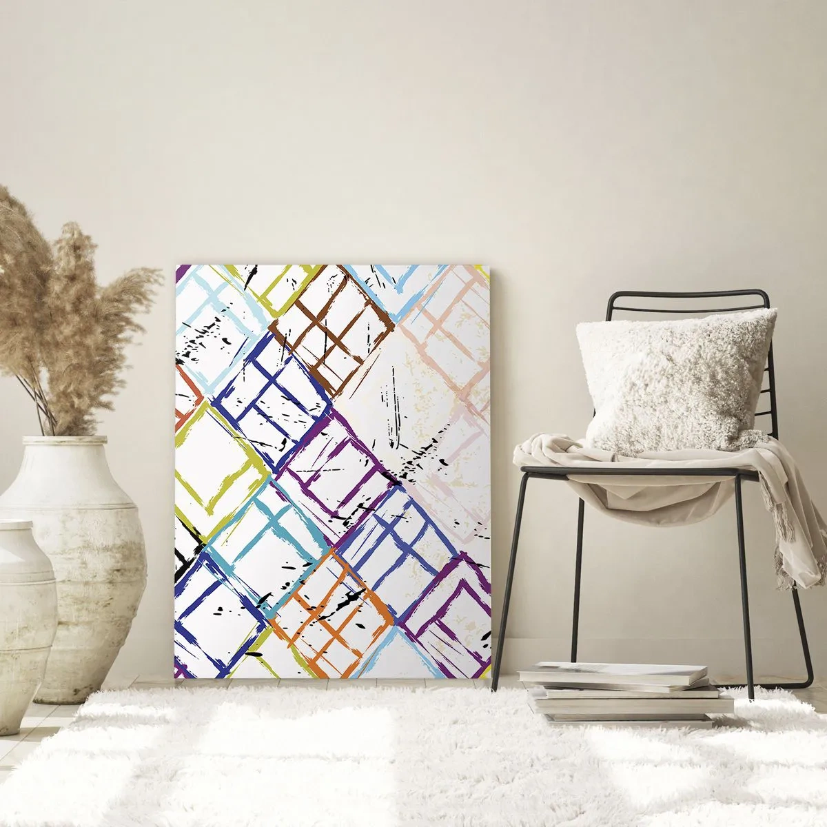 Cuadro sobre vidrio - Impresiones sobre Vidrio - Abstracción colorida con formas geométricas sobre un fondo blanco. - 70x100cm - Habitáculos en alquiler - Decoración de pared moderna para salón y dormitorio ARTTOR