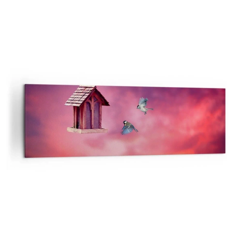 Cuadro sobre lienzo - Impresión de Imagen - Un paisaje pintoresco con una casa para pájaros y una puesta de sol. - 160x50cm - Invitación a una cena - Decoración de pared moderna para salón y dormitorio ARTTOR