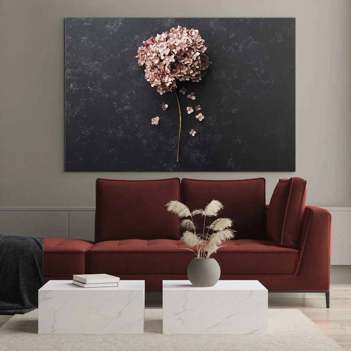 Cuadro sobre vidrio - Impresiones sobre Vidrio - Hortensia seca con pétalos dispersos sobre un fondo oscuro. - 70x50cm - Un signo verdaderamente romántico - Decoración de pared moderna para salón y dormitorio ARTTOR