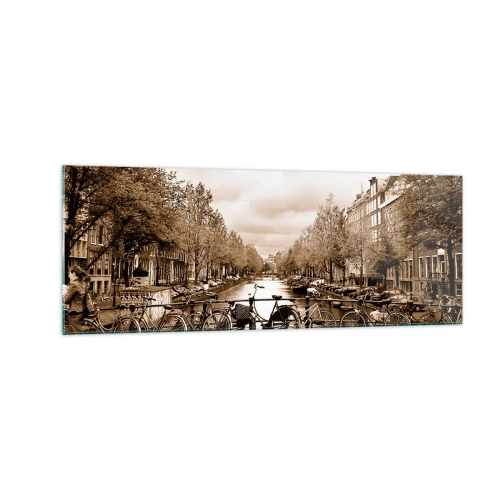 Cuadro sobre vidrio - Impresiones sobre Vidrio - Puente para bicicletas sobre el canal en sepia - 140x50cm - Holanda solo hay una - Decoración de pared moderna para salón y dormitorio ARTTOR