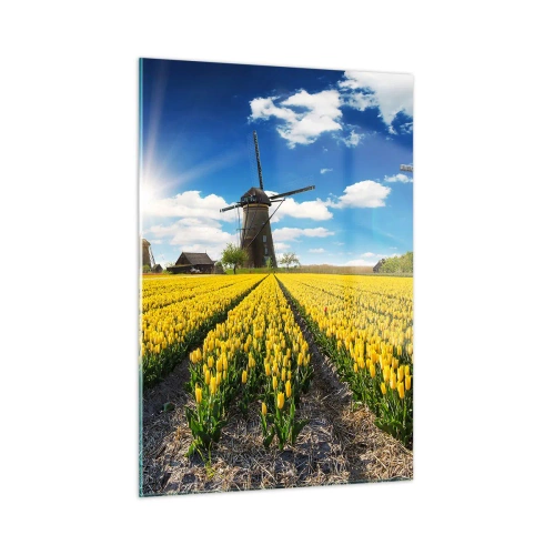 Cuadro sobre vidrio - Impresiones sobre Vidrio - Un campo de tulipanes amarillos con molinos de viento al fondo en un día soleado. - 50x70cm - No podría ser más holandés - Decoración de pared moderna para salón y dormitorio ARTTOR