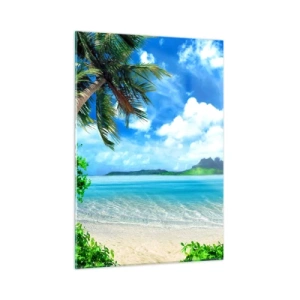 Cuadro sobre vidrio - Impresiones sobre Vidrio - Una playa tropical con palmeras y vistas a una isla montañosa. - 50x70cm - El azul de los trópicos - Decoración de pared moderna para salón y dormitorio ARTTOR