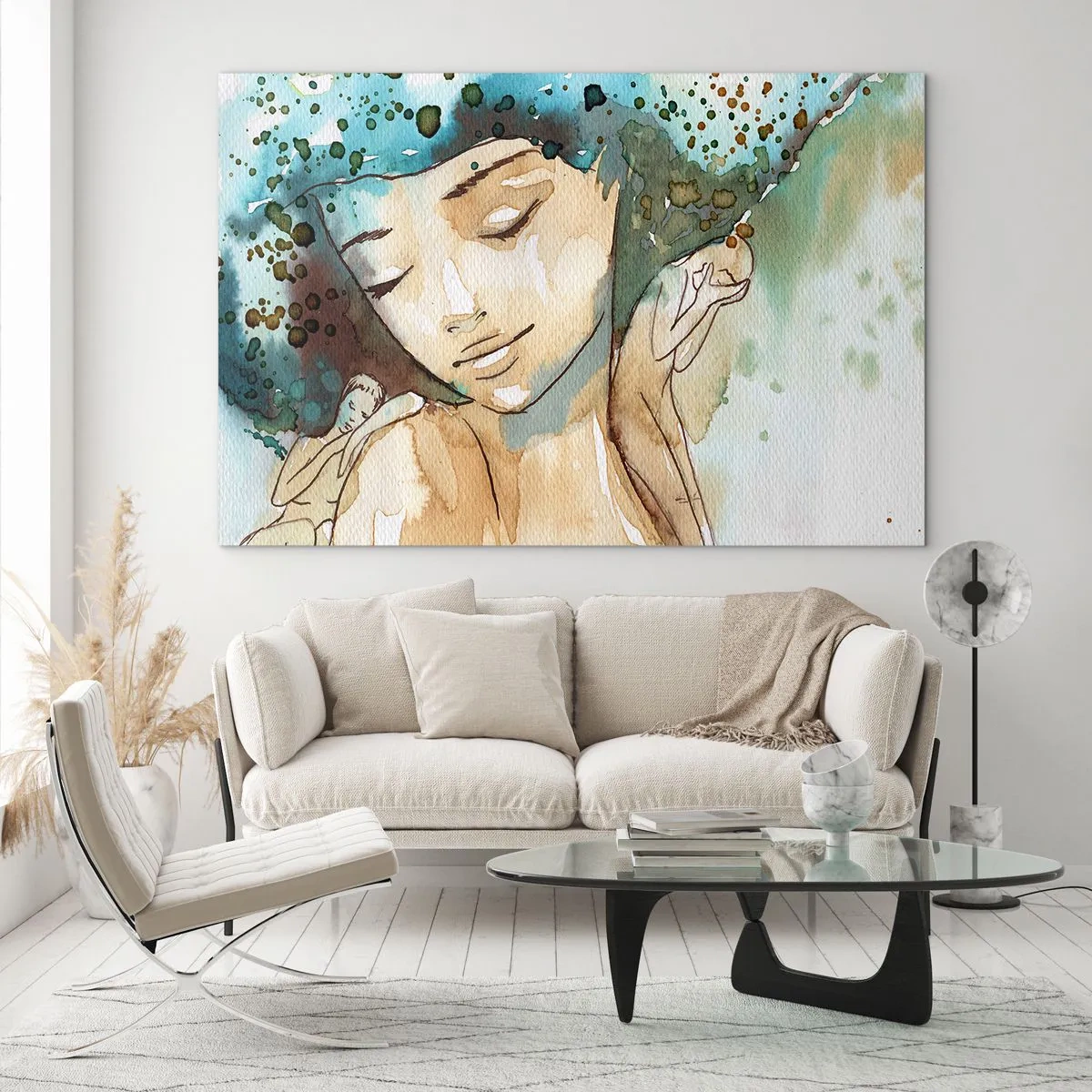 Cuadro sobre vidrio - Impresiones sobre Vidrio - Retrato en acuarela de una mujer con los ojos cerrados. - 100x70cm - Dama de azul - Decoración de pared moderna para salón y dormitorio ARTTOR