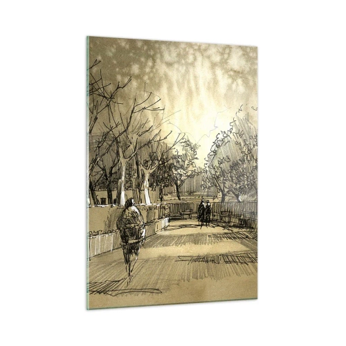 Cuadro sobre vidrio - Impresiones sobre Vidrio - Un dibujo de un parque con senderos y gente caminando. - 50x70cm - Un momento hecho a pluma - Decoración de pared moderna para salón y dormitorio ARTTOR