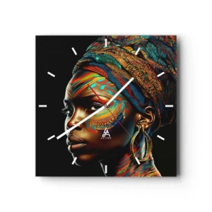 Reloj de pared - Reloj de vidrio - Retrato de una mujer con un patrón colorido y un turbante. - 30x30cm - Reina africana - Decoración de pared moderna para salón y dormitorio ARTTOR