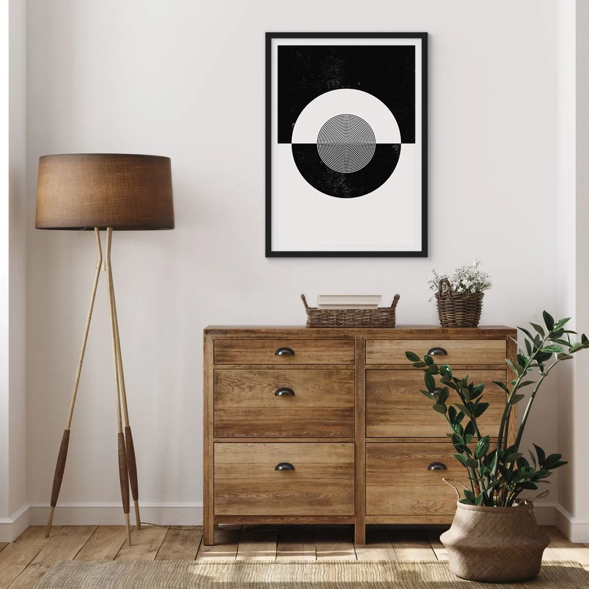 Póster en marco negro - Patrón geométrico en blanco y negro con un círculo concéntrico. - 50x70cm - Armonía en blanco y negro - Decoración de pared moderna para salón y dormitorio ARTTOR