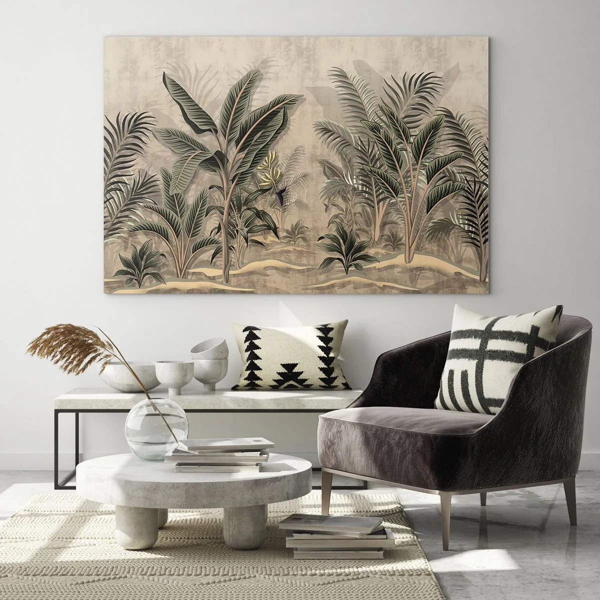 Cuadro sobre vidrio - Impresiones sobre Vidrio - Plantas tropicales sobre fondo beige en estilo colonial. - 70x50cm - Grabados de estilo colonial - Decoración de pared moderna para salón y dormitorio ARTTOR