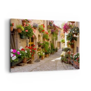 Cuadro sobre lienzo - Impresión de Imagen - Una calle con flores en macetas y muros de piedra. - 120x80cm - En un torrente de flores - Decoración de pared moderna para salón y dormitorio ARTTOR