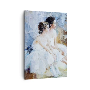 Cuadro sobre lienzo - Impresión de Imagen - Dos bailarinas vestidas de blanco se relajan sobre un fondo pastel. - 70x100cm - Cisnes jóvenes descansando - Decoración de pared moderna para salón y dormitorio ARTTOR