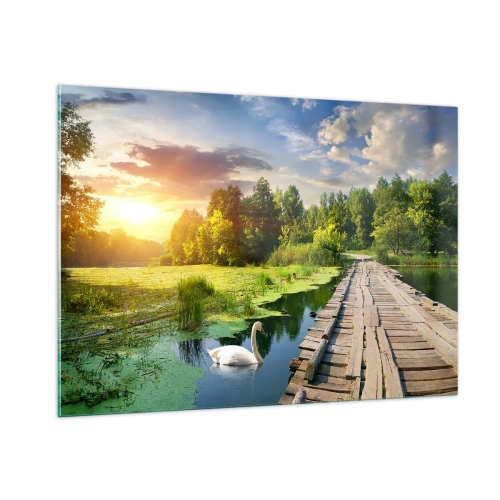 Cuadro sobre vidrio - Impresiones sobre Vidrio - Muelle de madera sobre un lago con un cisne al atardecer - 100x70cm - Verano, verano en todas partes - Decoración de pared moderna para salón y dormitorio ARTTOR
