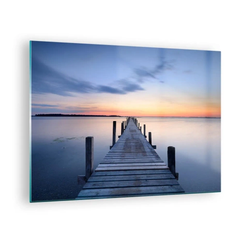 Cuadro sobre vidrio - Impresiones sobre Vidrio - Un embarcadero de madera sobre un lago tranquilo al atardecer. - 70x50cm - La calma de un crepúsculo sereno - Decoración de pared moderna para salón y dormitorio ARTTOR