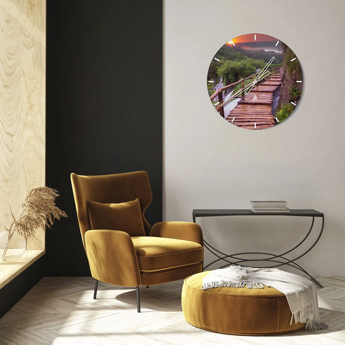 Reloj de pared - Reloj de vidrio - Pasarela de madera sobre cascadas en el bosque al atardecer - 30x30cm - Una belleza inimaginable - Decoración de pared moderna para salón, cocina y dormitorio ARTTOR