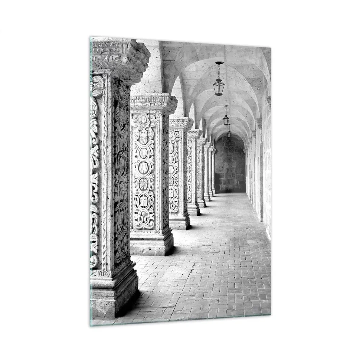 Cuadro sobre vidrio - Impresiones sobre Vidrio - Claustro histórico con columnas talladas - 50x70cm - ¿Y adónde nos llevará...? - Decoración de pared moderna para salón y dormitorio ARTTOR