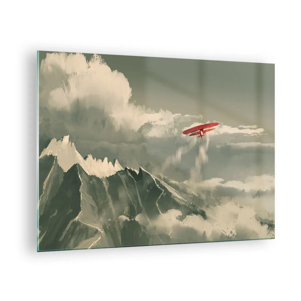 Cuadro sobre vidrio - Impresiones sobre Vidrio - Un avión rojo volando sobre montañas nevadas. - 70x50cm - Pionero sin miedo - Decoración de pared moderna para salón y dormitorio ARTTOR