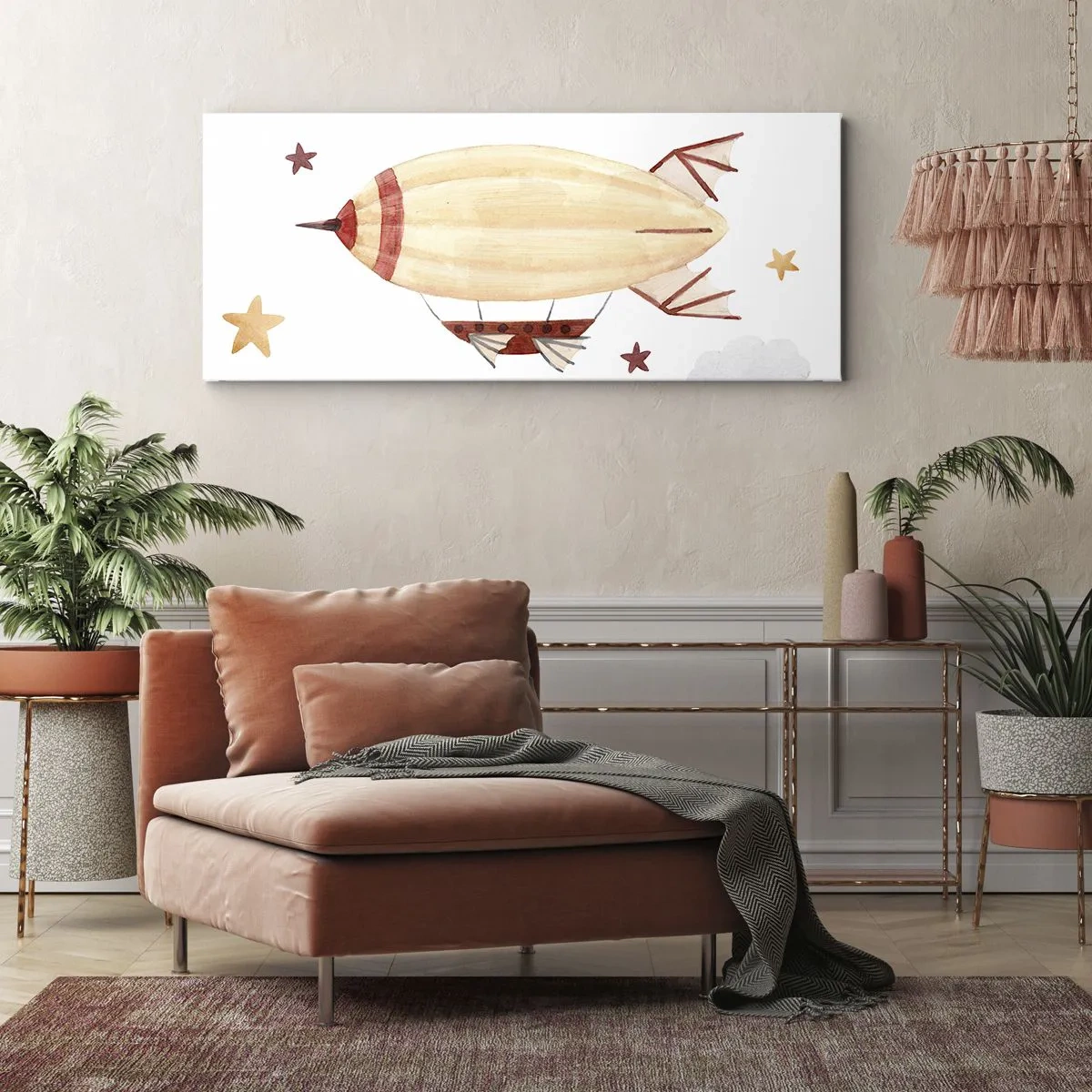 Cuadro sobre lienzo - Impresión de Imagen - Un dirigible pintado a mano con un fondo de estrellas. - 160x50cm - Dirigible - Decoración de pared moderna para salón y dormitorio ARTTOR