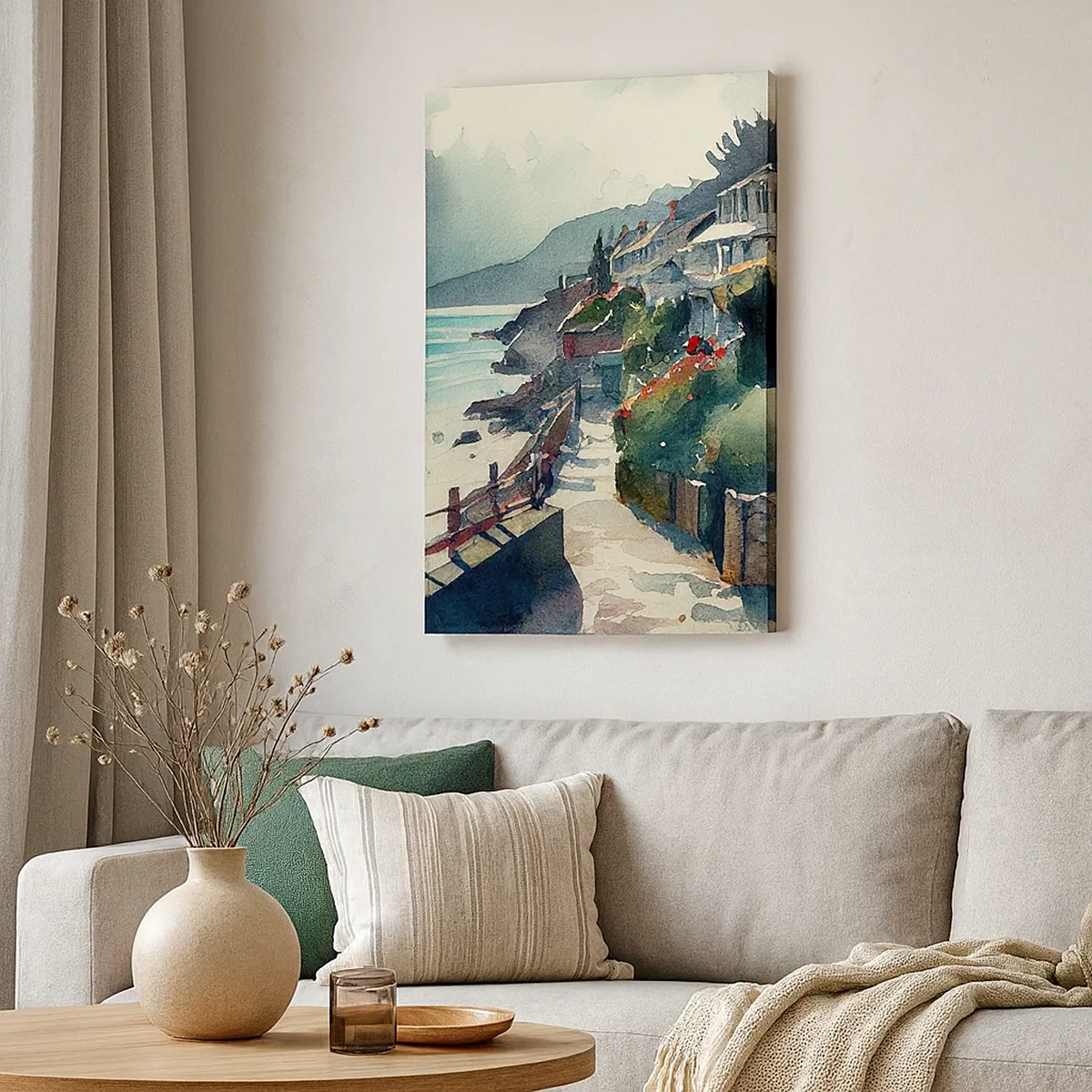 Cuadro sobre lienzo - Impresión de Imagen - Paseo marítimo con casas y vegetación - 50x70cm - Ciudad mediterránea - Decoración de pared moderna para salón y dormitorio ARTTOR