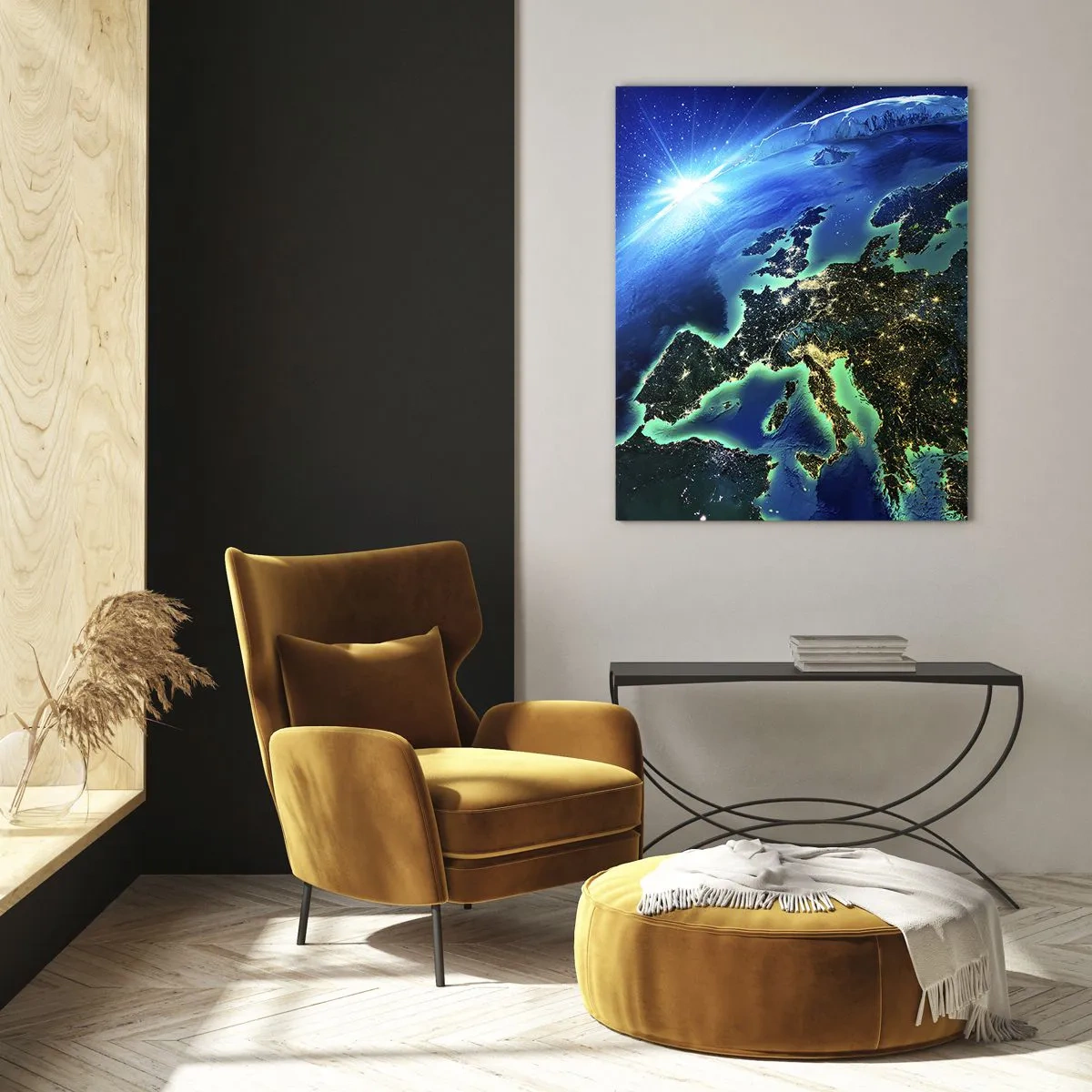 Cuadro sobre vidrio - Impresiones sobre Vidrio - Una vista de Europa desde el espacio bajo el resplandor del sol naciente. - 70x100cm - Una Europa resplandeciente - Decoración de pared moderna para salón y dormitorio ARTTOR