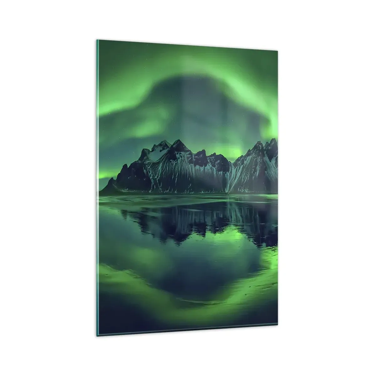 Cuadro sobre vidrio - Impresiones sobre Vidrio - Montañas rodeadas de auroras boreales reflejadas en el agua. - 80x120cm - En los brazos de la aurora - Decoración de pared moderna para salón y dormitorio ARTTOR