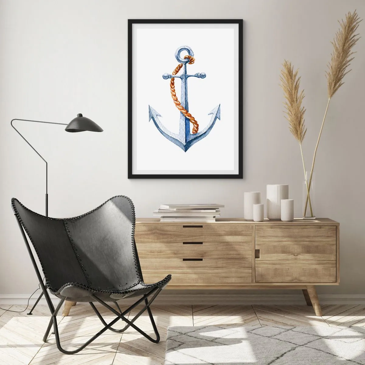 Póster en marco negro - Ancla con cuerda en estilo acuarela - 50x70cm - ¡Ah, aventura! - Decoración de pared moderna para salón y dormitorio ARTTOR