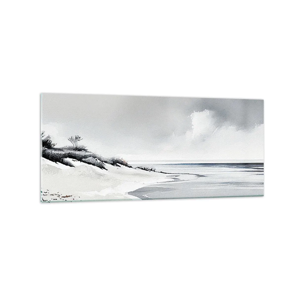 Cuadro sobre vidrio - Impresiones sobre Vidrio - Una playa en tonos tenues de gris y azul. - 120x50cm - Juntos desde el principio de los tiempos - Decoración de pared moderna para salón y dormitorio ARTTOR