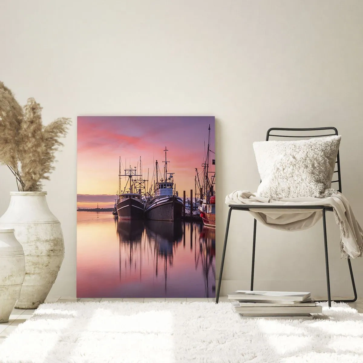 Cuadro sobre vidrio - Impresiones sobre Vidrio - Barcos de pesca al atardecer en un puerto tranquilo - 50x70cm - Descanso antes de partir - Decoración de pared moderna para salón y dormitorio ARTTOR