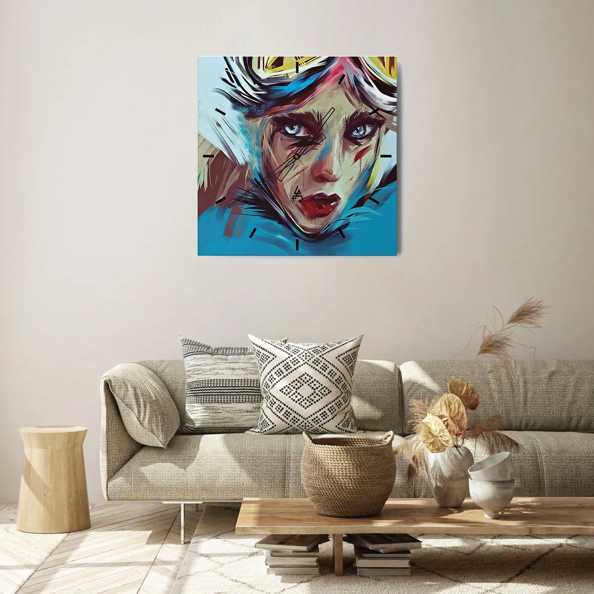 Reloj de pared - Reloj de vidrio - Retrato de una mujer en colores dinámicos y estilo abstracto. - 30x30cm - Guerrera colorida - Decoración de pared moderna para salón y dormitorio ARTTOR