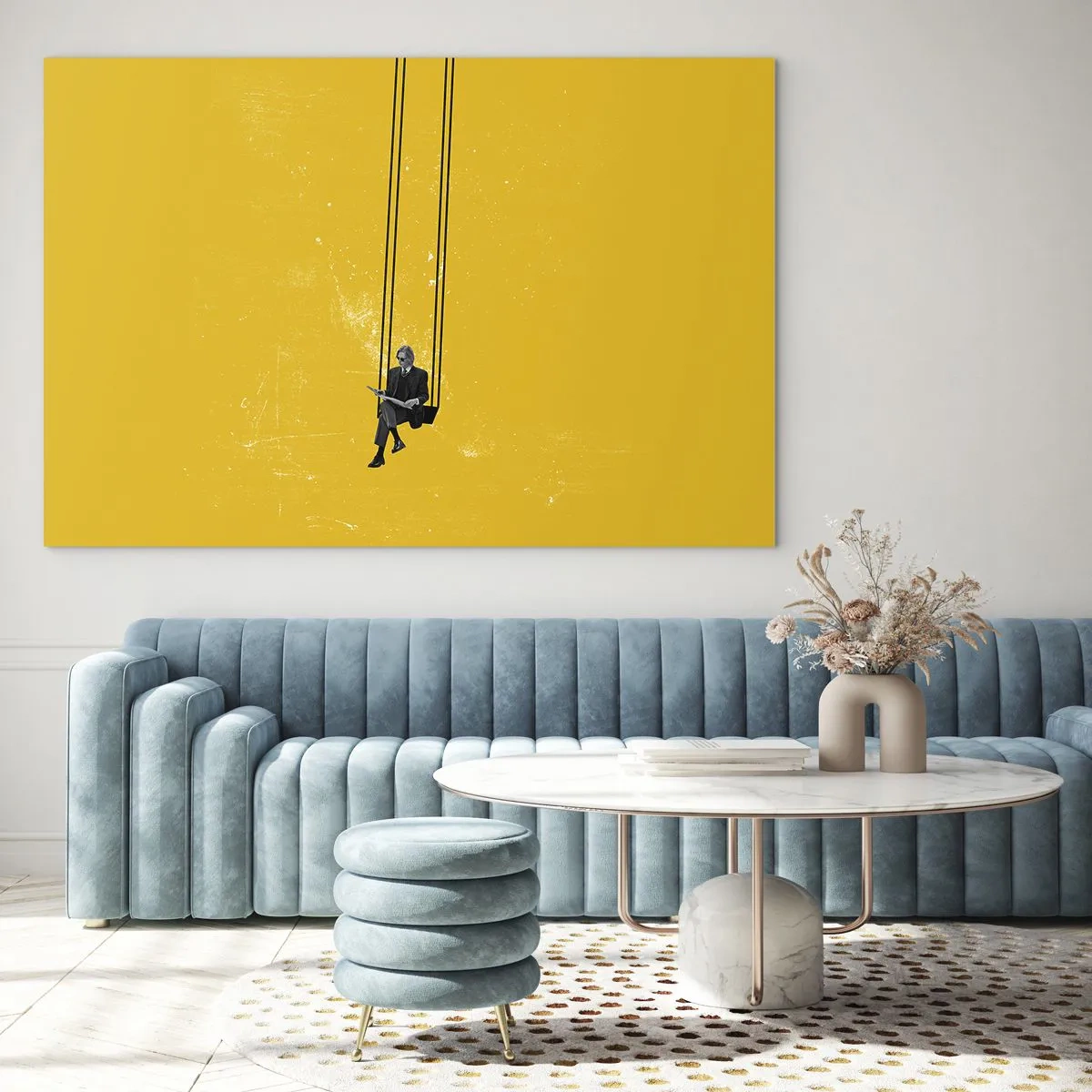 Cuadro sobre vidrio - Impresiones sobre Vidrio - Una figura en un columpio colgando sobre un fondo amarillo. - 70x50cm - Un día como cualquier otro - Decoración de pared moderna para salón y dormitorio ARTTOR