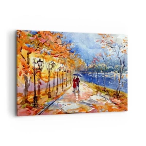 Cuadro sobre lienzo - Impresión de Imagen - Un paseo otoñal por el parque a orillas del río bajo una sombrilla. - 100x70cm - Juntos hasta el límite del tiempo - Decoración de pared moderna para salón y dormitorio ARTTOR