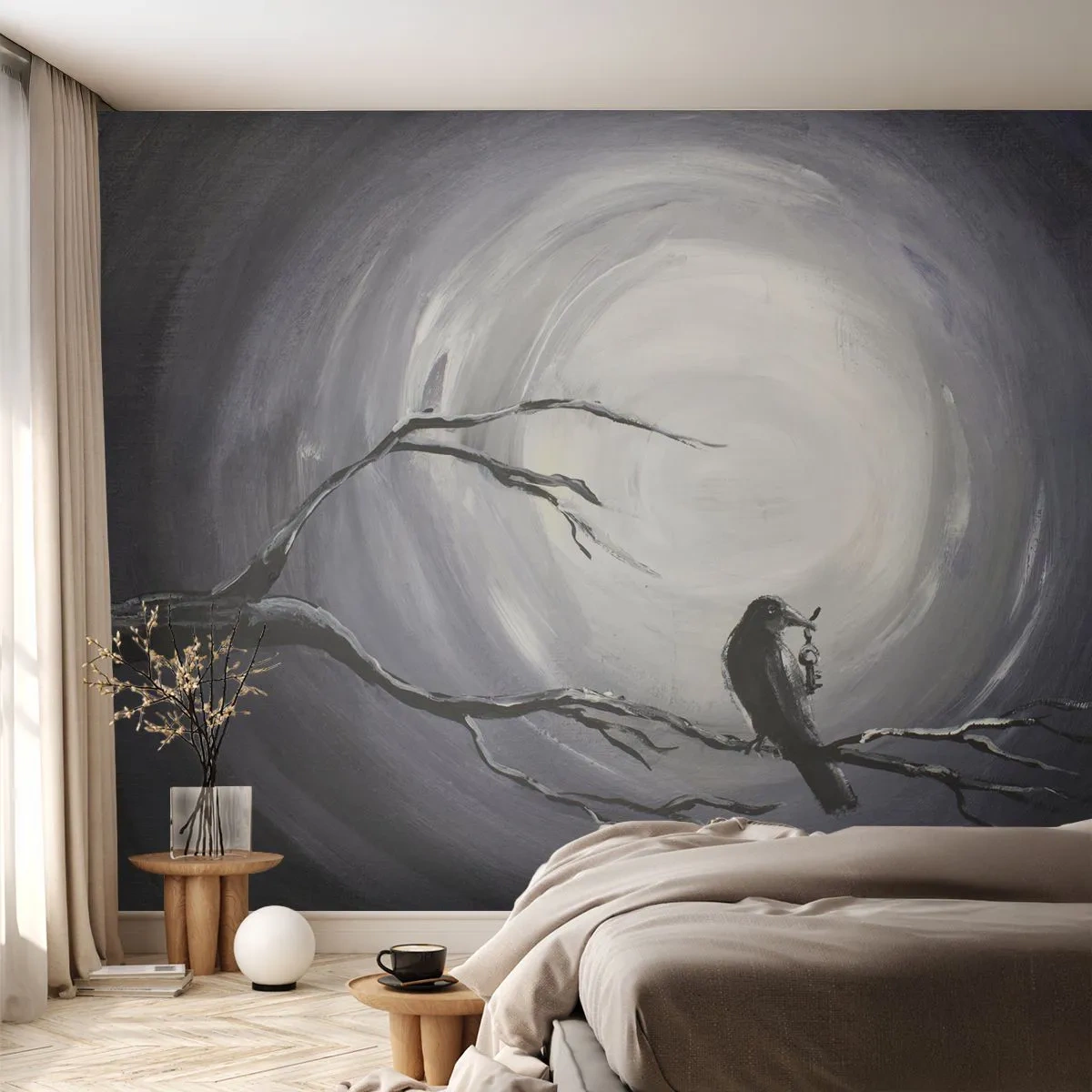 Fotomural Premium Sand - La clave del misterio de la noche - Abstracción, Cuervo, Pájaro - 250x175 cm