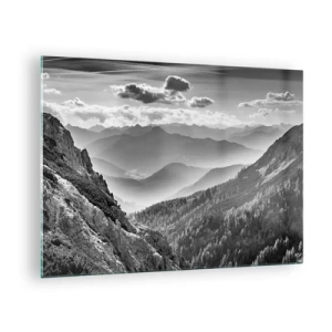 Cuadro sobre vidrio - Impresiones sobre Vidrio - Panorama de montaña en blanco y negro con vista al valle. - 70x50cm - Hasta el horizonte - Decoración de pared moderna para salón y dormitorio ARTTOR