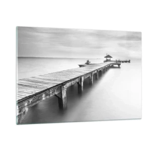 Cuadro sobre vidrio - Impresiones sobre Vidrio - Muelle de madera en blanco y negro con vistas al lago. - 120x80cm - Lejos - Decoración de pared moderna para salón y dormitorio ARTTOR