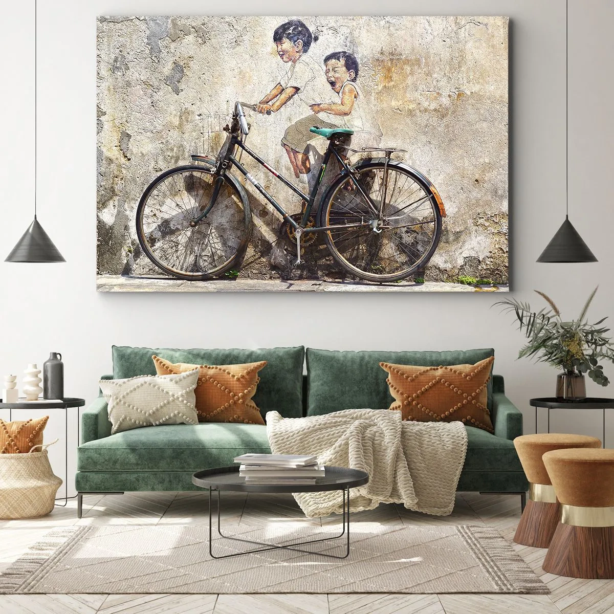 Cuadro sobre lienzo - Impresión de Imagen - Arte callejero con una bicicleta y dibujos infantiles en la pared. - 70x50cm - ¿Verdadero o falso? - Decoración de pared moderna para salón y dormitorio ARTTOR