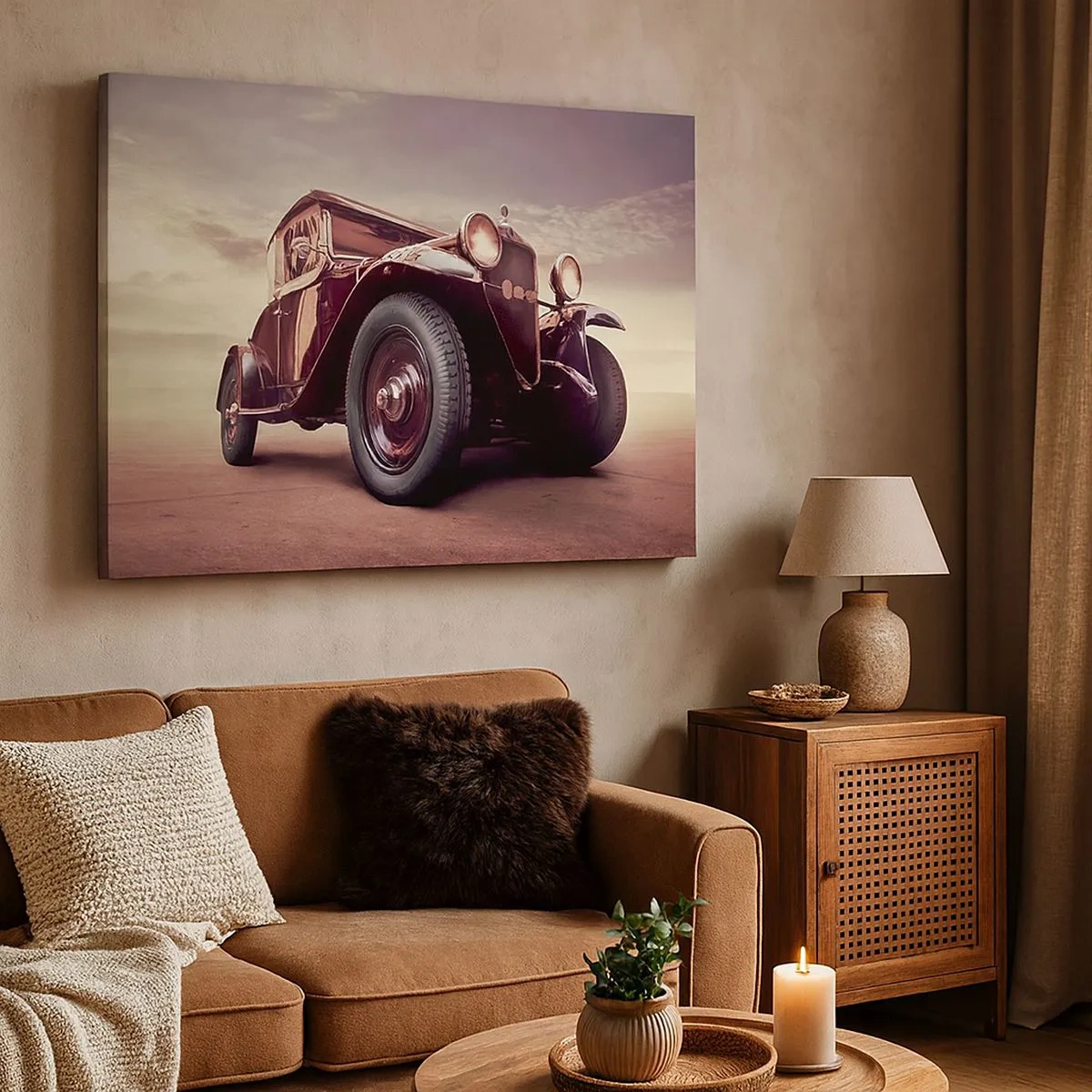 Cuadro sobre lienzo - Impresión de Imagen - Un coche clásico de estilo clásico contra el cielo. - 70x50cm - Volvamos a los maravillosos viejos tiempos... - Decoración de pared moderna para salón y dormitorio ARTTOR