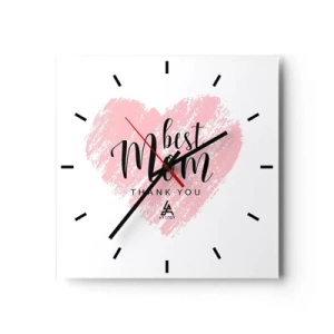 Reloj de pared - Reloj de vidrio - Corazón rosa con la frase "Gracias, mejor mamá" sobre fondo blanco. - 30x30cm - En cualquier momento de tu vida - Decoración de pared moderna para salón y dormitorio ARTTOR