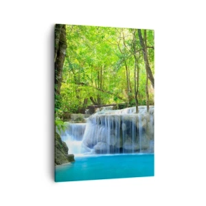 Cuadro sobre lienzo - Impresión de Imagen - Una cascada entre árboles verdes con agua azul en un entorno natural. - 50x70cm - Ahogarse en turquesa y verde - Decoración de pared moderna para salón y dormitorio ARTTOR
