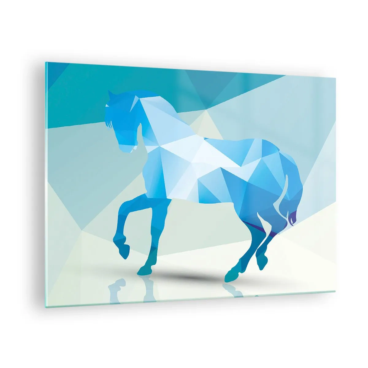 Cuadro sobre vidrio - Impresiones sobre Vidrio - Caballo geométrico en tonos azules y blancos. - 70x50cm - Caballo geométrico en turquesa - Decoración de pared moderna para salón y dormitorio ARTTOR