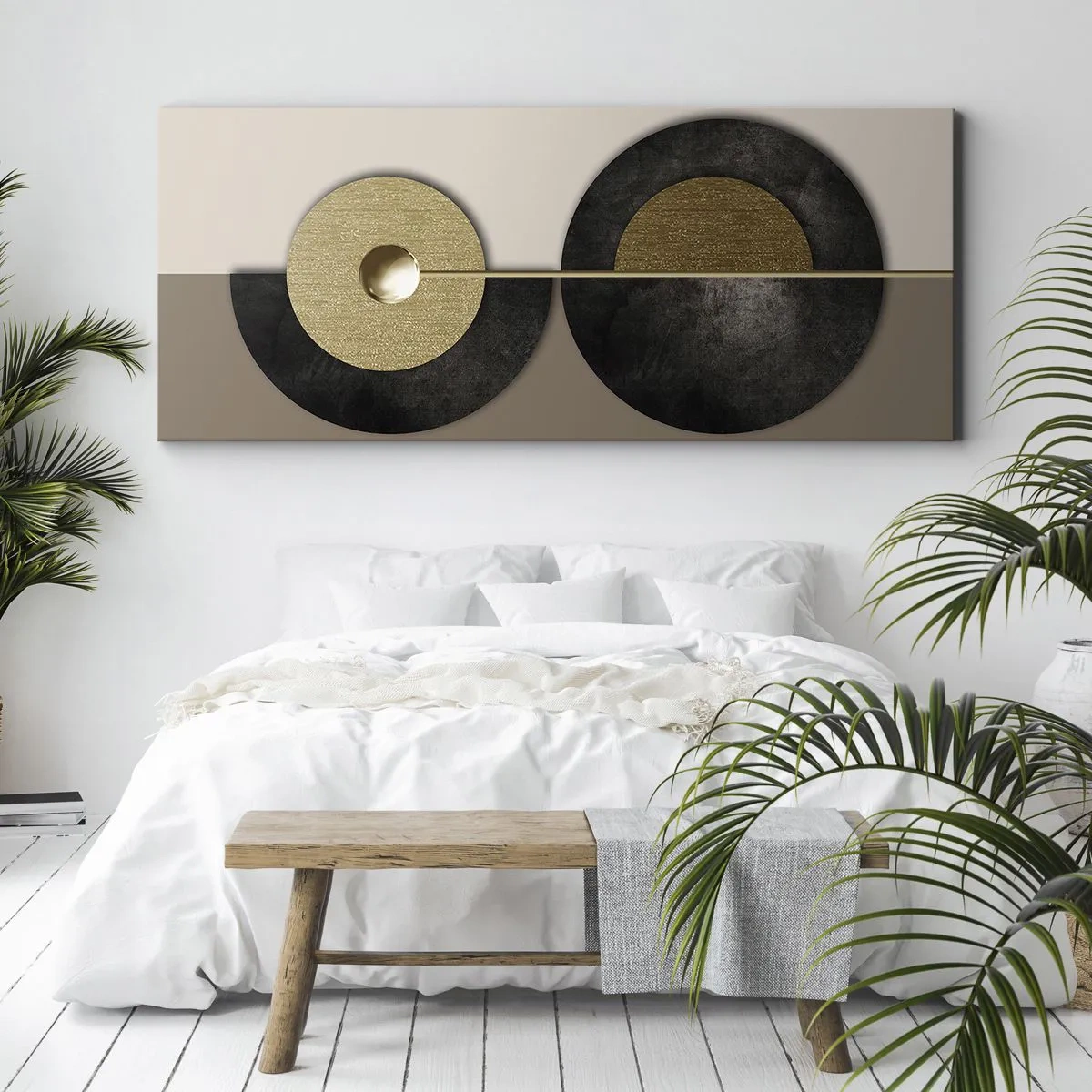 Cuadro sobre lienzo - Impresión de Imagen - Círculos abstractos en tonos dorados y marrones. - 160x50cm - Variaciones en torno a un círculo - Decoración de pared moderna para salón y dormitorio ARTTOR