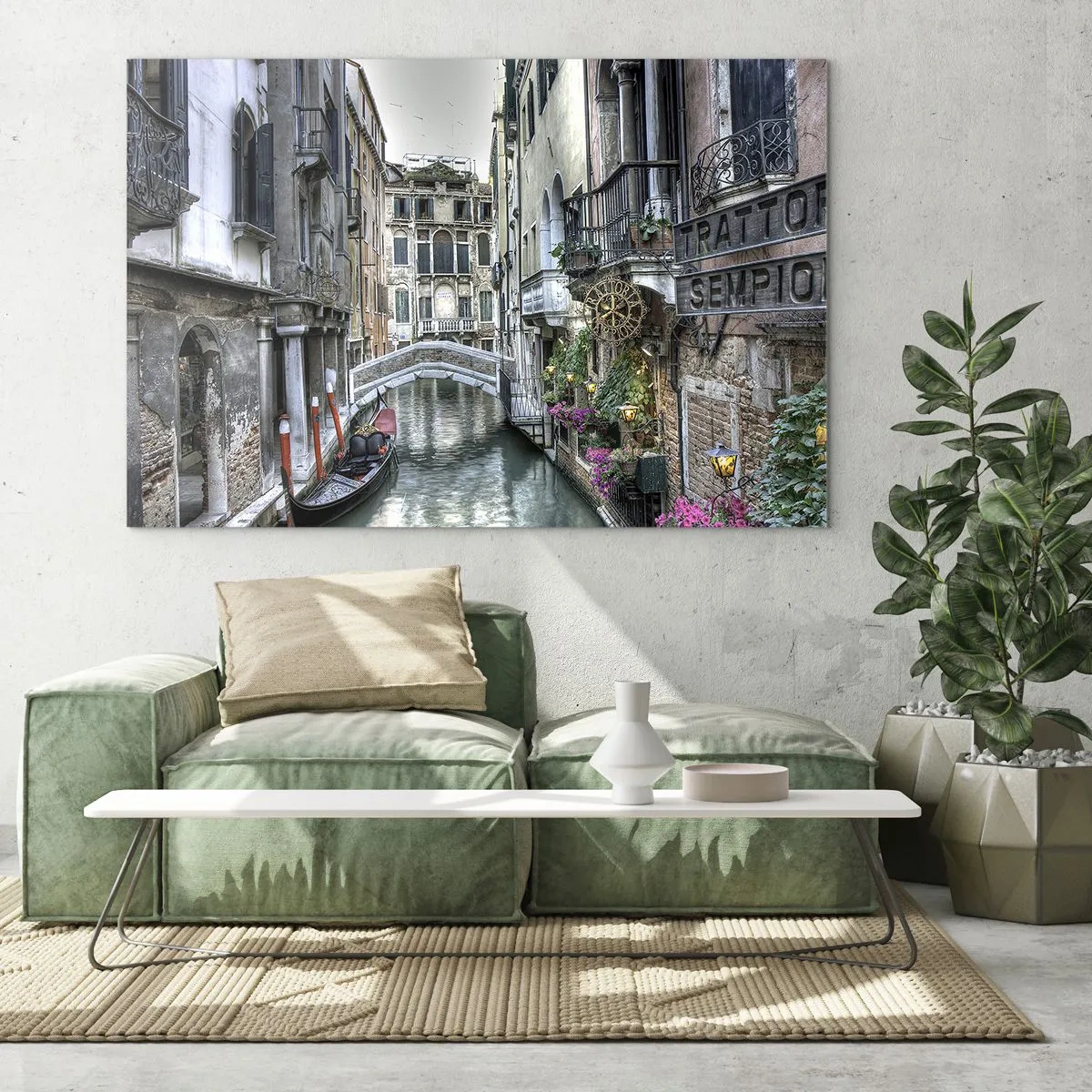 Cuadro sobre vidrio - Impresiones sobre Vidrio - Vista romántica de un canal veneciano con una góndola. - 120x80cm - Durante siglos, un sueño - Decoración de pared moderna para salón y dormitorio ARTTOR