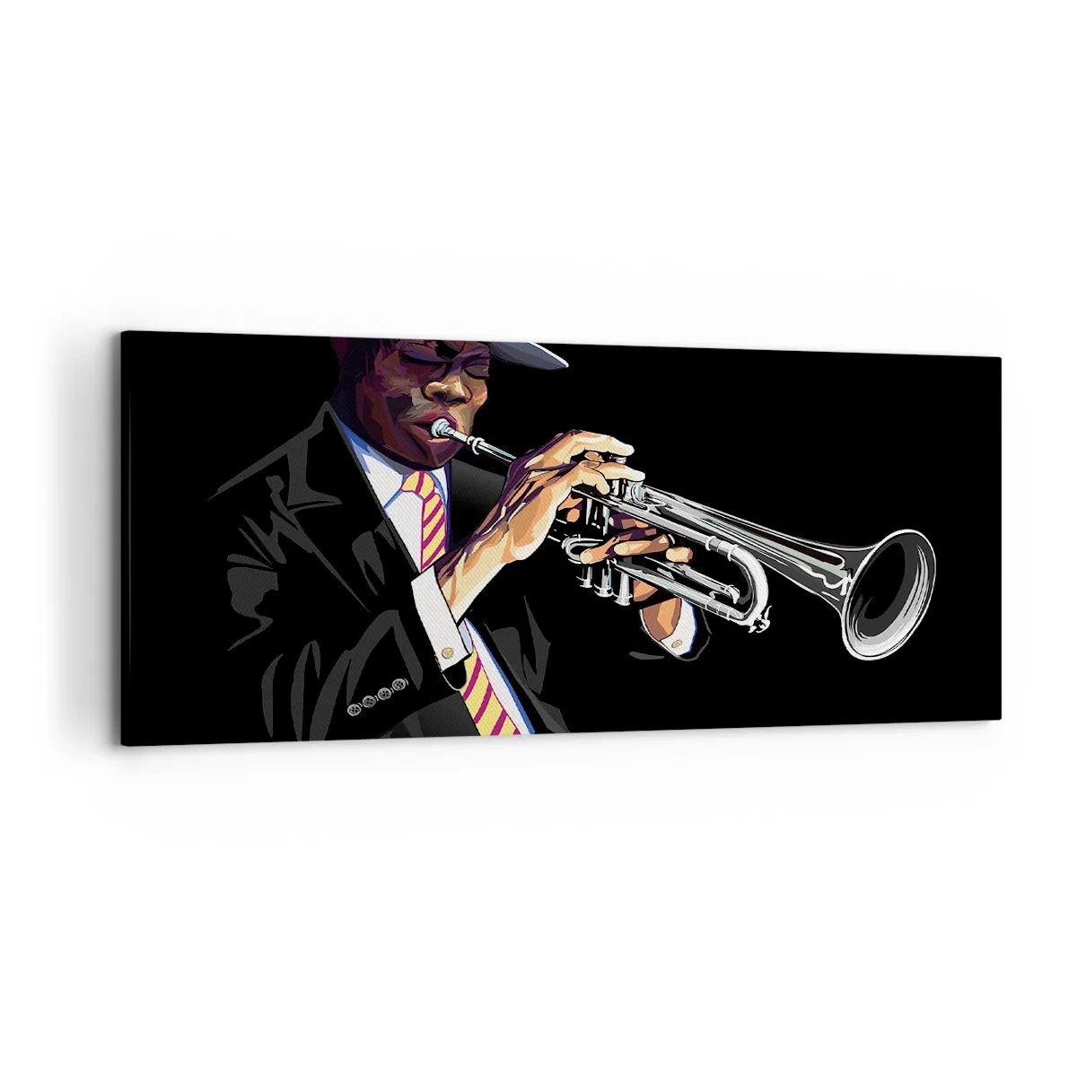 Cuadro sobre lienzo - Impresión de Imagen - Un músico tocando la trompeta sobre un fondo negro. - 120x50cm - El encanto de la vieja escuela - Decoración de pared moderna para salón y dormitorio ARTTOR