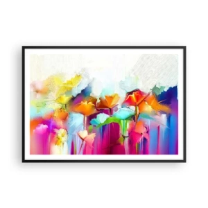 Póster en marco negro - Flores abstractas de colores sobre un fondo claro - 100x70cm - Un arco iris ha florecido - Decoración de pared moderna para salón y dormitorio ARTTOR