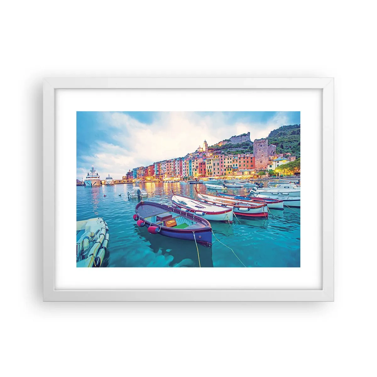 Póster en marco blanco - Una noche colorida en el puerto - 40x30 cm