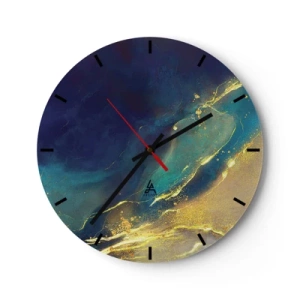 Reloj de pared - Reloj de vidrio - Una composición abstracta en azul marino y dorado que se asemeja a un estanque de agua. - 30x30cm - Inundación dorada - Decoración de pared moderna para salón, cocina y dormitorio ARTTOR