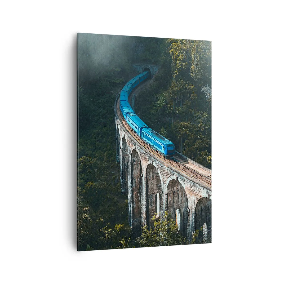 Cuadro sobre lienzo - Impresión de Imagen - Un tren azul en un viaducto histórico entre los bosques. - 70x100cm - Vías sobre la naturaleza - Decoración de pared moderna para salón y dormitorio ARTTOR