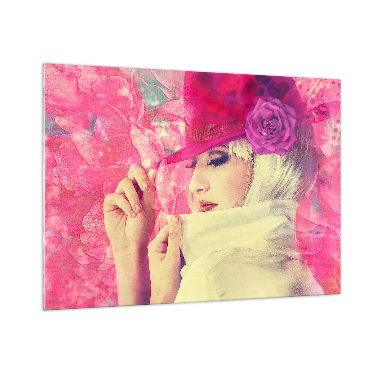 Cuadro sobre vidrio - Impresiones sobre Vidrio - Ilustración de una mujer con un sombrero rosa y una flor al fondo. - 100x70cm - Retrato retro en rosa - Decoración de pared moderna para salón y dormitorio ARTTOR