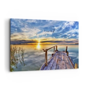 Cuadro sobre lienzo - Impresión de Imagen - Muelle de madera sobre el lago al atardecer - 120x80cm - El viento se va a descansar - Decoración de pared moderna para salón y dormitorio ARTTOR