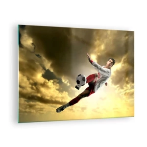 Cuadro sobre vidrio - Impresiones sobre Vidrio - Un jugador de fútbol en acción contra un cielo dorado. - 70x50cm - El cielo del fútbol - Decoración de pared moderna para salón y dormitorio ARTTOR