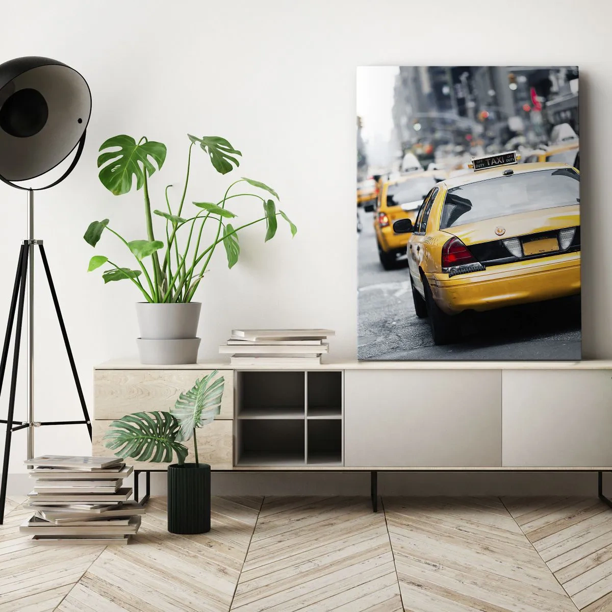Cuadro sobre lienzo - Impresión de Imagen - Taxis amarillos en una concurrida calle de la ciudad en el centro de la metrópoli. - 50x70cm - Solo en esta ciudad - Decoración de pared moderna para salón y dormitorio ARTTOR