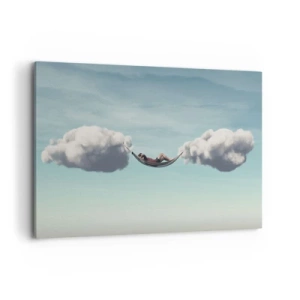 Cuadro sobre lienzo - Impresión de Imagen - Una persona relajándose en una hamaca suspendida en las nubes. - 100x70cm - La felicidad del momento - Decoración de pared moderna para salón y dormitorio ARTTOR
