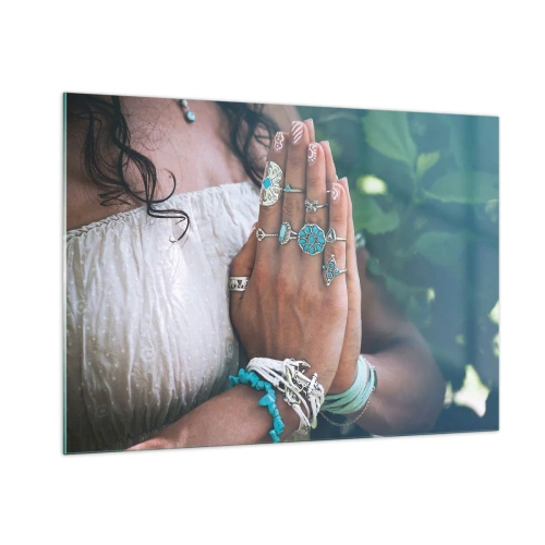 Cuadro sobre vidrio - Impresiones sobre Vidrio - Manos de mujer con joyas bohemias - 100x70cm - Conocimiento interior - Decoración de pared moderna para salón y dormitorio ARTTOR