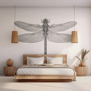 Fotomural Premium Canvas - Dibujo en blanco y negro de una libélula sobre un fondo blanco en estilo minimalista. - 100x70cm - Precisión de la naturaleza - Decoración de pared moderna para salón y dormitorio ARTTOR